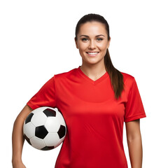 Smiling Female Soccer Player in Red Jersey Holding a Ball - Confident Woman Footballer, Isolated on Transparent Background PNG