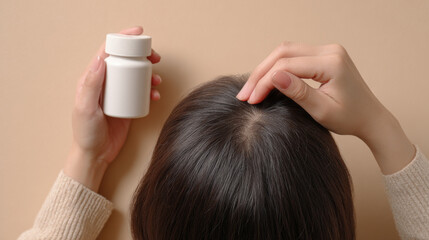 Hair care treatment concept with woman holding supplement bottle and touching scalp for hair loss prevention