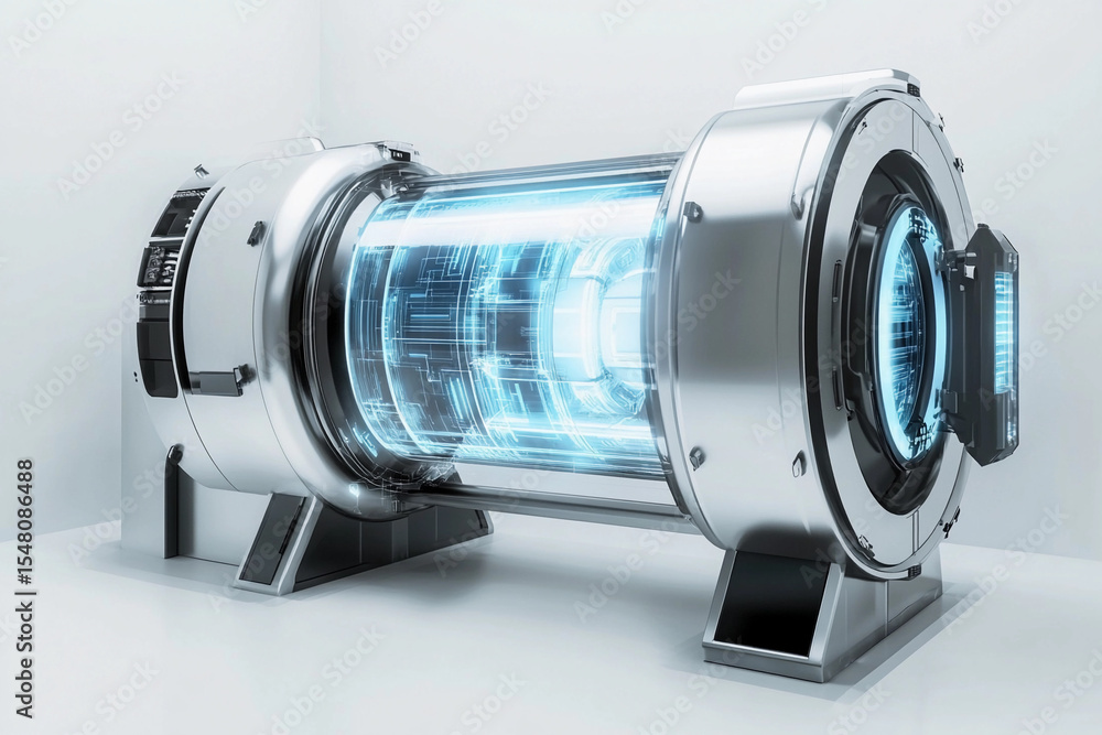Poster futuristic metallic device with luminous blue energy core generative ai