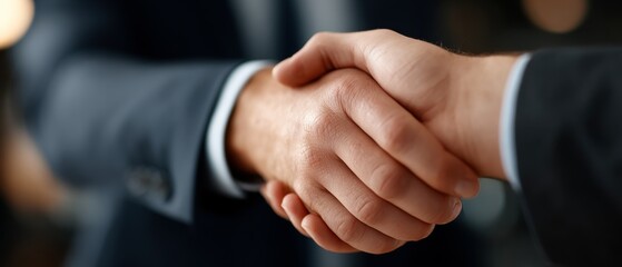 A close-up of two hands shaking, symbolizing agreement or partnership. The image captures a professional setting, highlighting trust and collaboration between individuals
