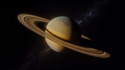 A photograph of Saturn, the sixth planet from the Sun, dominating a deep black, star-dusted expanse.