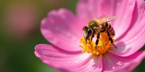 Close-up of bee on delicate pink flower petals , pollination, insects, insect