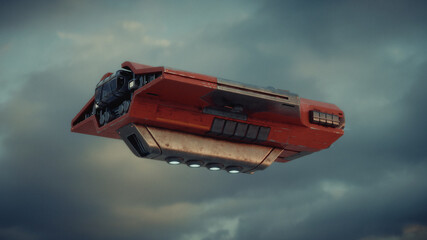 3d render of sci-fi resource-mining spaceship, scratched metal grey orange color flying against cloudy sky. View of the captain's control room. Cargo ship on board transporting dropshipping, minerals.