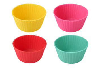 Four colorful silicone cupcake molds on transparent background