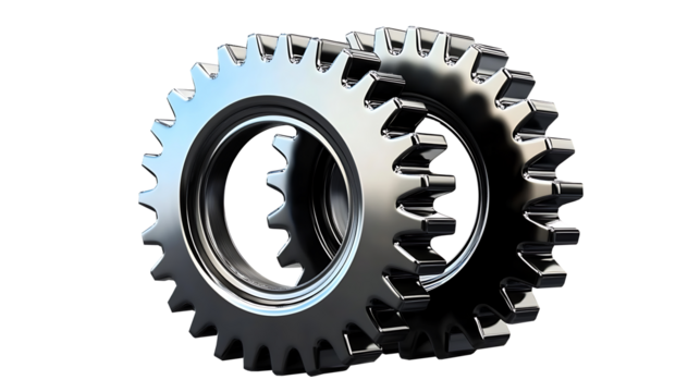Isolated metallic gears and cogs on a white background, representing mechanical engineering and industrial conceptsIsolated on white background, clipping path included, png 