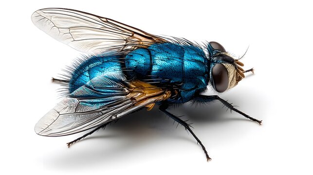 A detailed macro shot of a bluebottle fly on a white background.