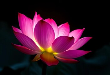 Glowing pink lotus flower, vibrant petals, dark background, mystical atmosphere,  blossom,  serene