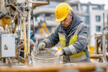 Construction worker mixing concrete at a building site during daytime in an urban environment