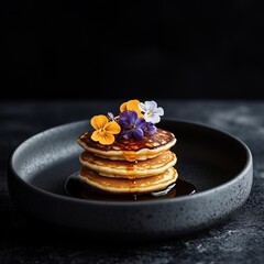 Stack of pancakes with syrup and edible flowers on a dark plate, set against a black background. Elegant food styling perfect for gourmet, brunch, or dessert concepts.