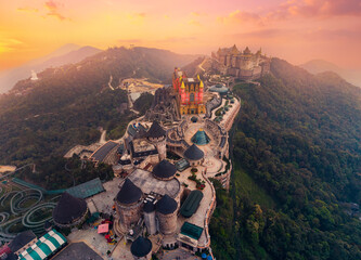 Aerial view of stunning ba na hills castles and French village at sunset in Da nang, Vietnam