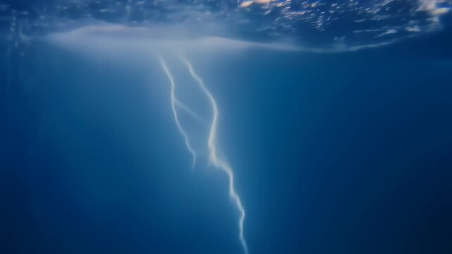 Slow-motion underwater shot capturing the rippling effect of lightning striking the water, a symphony of light and water.