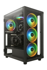Modern desktop gaming pc with rgb lighting and transparent case on transparent background