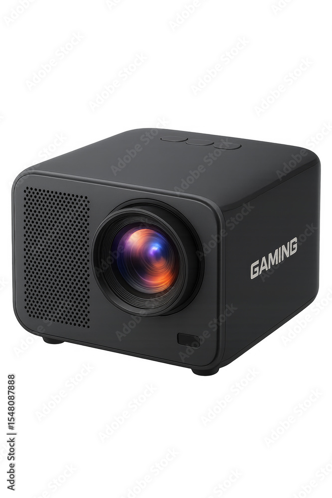 Poster portable video projector with transparent background displaying gaming branding