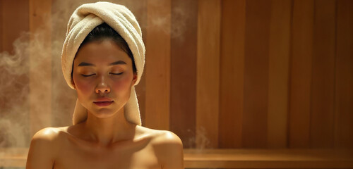Asian young woman relaxes in a heated sauna, draped with a towel, in a traditional wooden steam room reminiscent