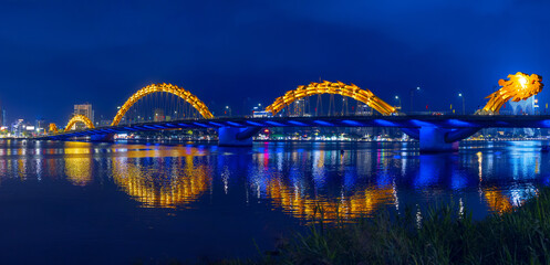 Night view of dragon bridge illuminated in Da nang, Vietnam