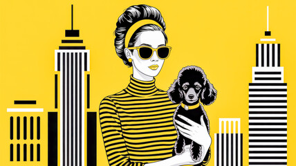 A stylized fashion illustration with a yellow background featuring a woman in a black and yellow striped turtleneck sweater and a yellow headband