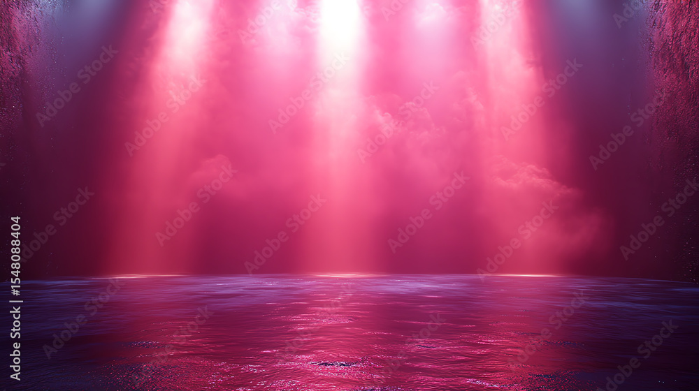 Poster a mesmerizing display of light reflecting off water, creating a vivid atmosphere with hues of pink a