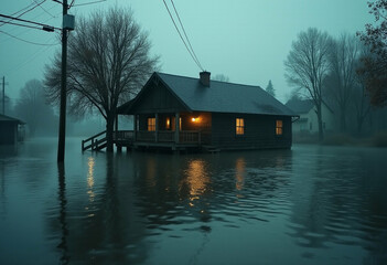 Fototapeta premium Large Wooden Home in Night Flood Scene