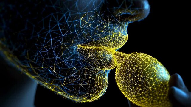 Plexus effect representing salivary glands and taste buds activating while a person tastes a lemon, visualized with futuristic medical scanning technology on black background
