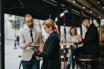 Two business professionals engage in a conversation outdoors in a modern cafe setting, emphasizing...