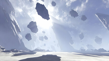 architecture above a glowing abyss with broken pieces orbiting silently