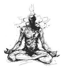 Abstract Meditating Human Figure with Burning Energy Black and White Sketch