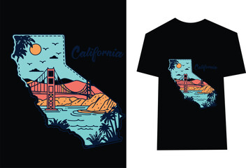 California State Outline with Golden Gate Bridge and Palm Trees T Shirt Design