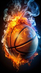 Fiery basketball engulfed in flames and smoke, intense sports action