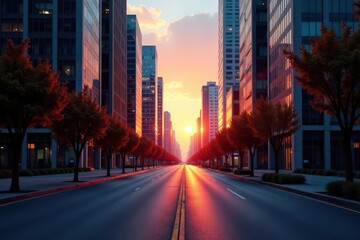 Fototapeta premium Empty dawn street, skyscrapers reflecting sunlight , calm, reflection, shapes