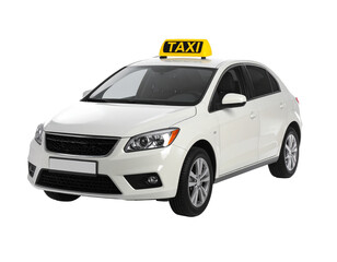 White taxi car isolated on white background, city transport vehicle.