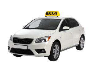 White taxi car isolated on white background, city transport vehicle.