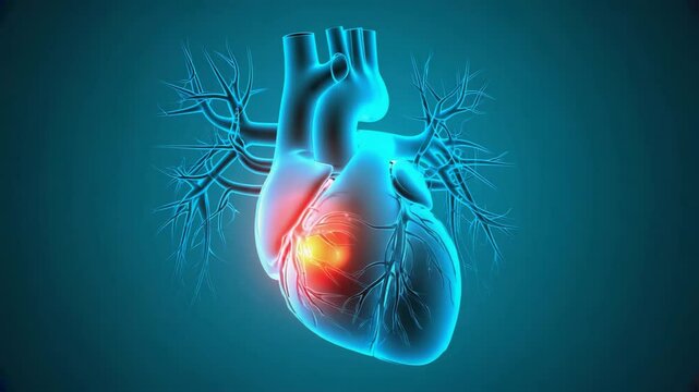 3D visualization of human heart with illuminated vessels and red-highlighted problem area against teal background.