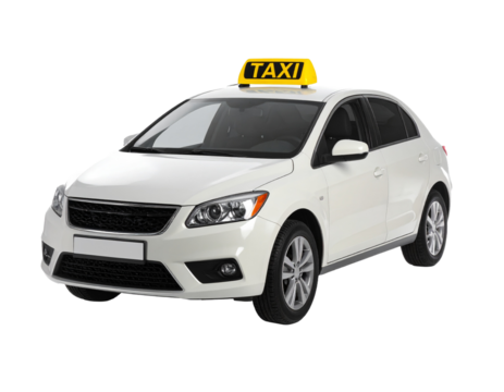 White taxi car isolated on white background, city transport vehicle.