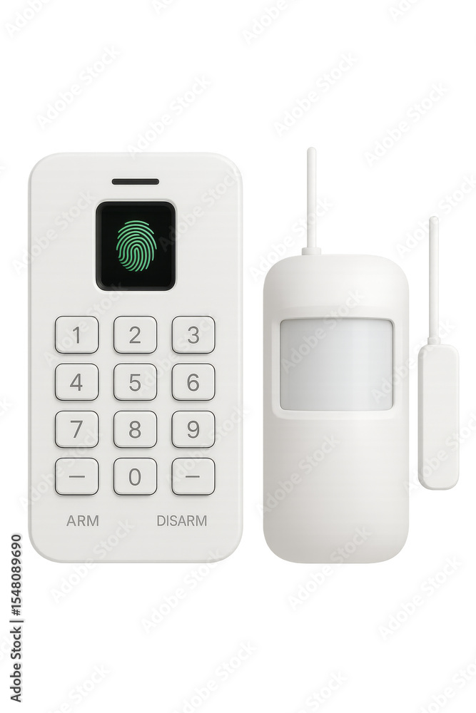 Poster security system devices with keypad, motion sensor, and key fob on transparent background