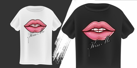 Kiss Me T-Shirt Design Vector Stylized Pink Lips with Kiss Me Text and Dripping Effect on White and Black Backgrounds, Ideal for Fashion and Romantic Themes