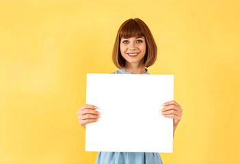 Fototapeta premium Caucasian woman in a light blue dress smiling at the camera while holding a blank vertical signboard against a pale yellow background. Great for design and advertising mockup use.