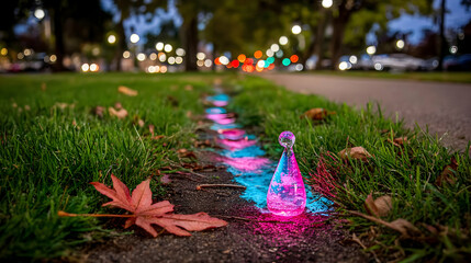 shaped like a droplet suspended over a glowing vortex in the ground