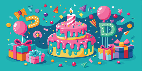 Festive Birthday Celebration with Cake Presents Balloons and Confetti Illustration