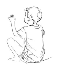 Rear View Line Drawing of Boy Sitting and Raising Hand – Minimal Sketch Style