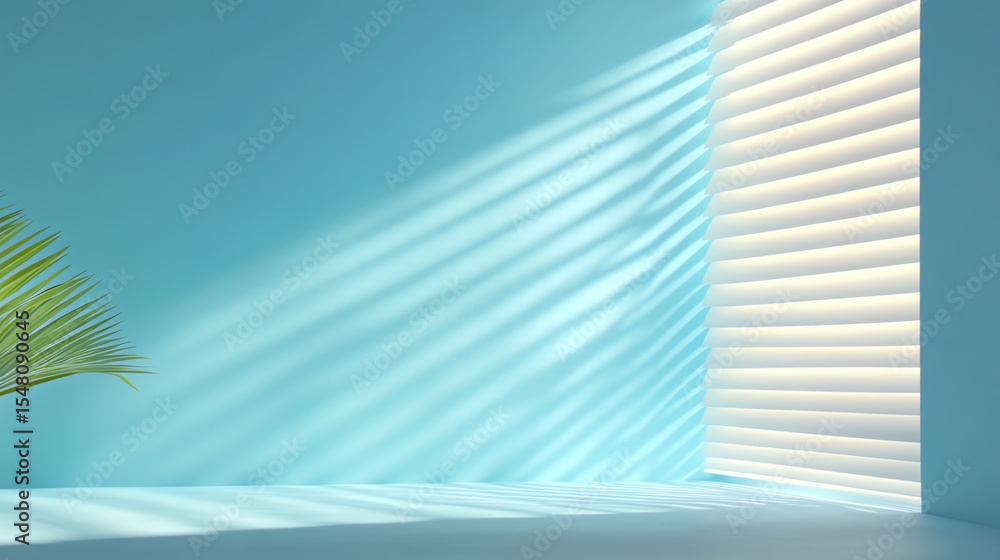 Poster a serene and modern indoor space featuring soft light patterns created by window blinds and a touch 