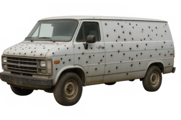 Old riddled van with bullet holes isolated on transparent background