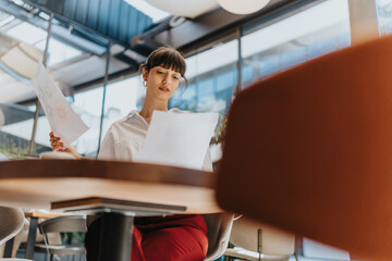 Fototapeta na wymiar A young businesswoman examining documents while seated in a contemporary office, highlighting professionalism, focus, and corporate effort in a modern business environment.