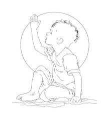 Line Art Sketch of a Boy Sitting and Raising Hand Toward the Sky – Minimalist Drawing