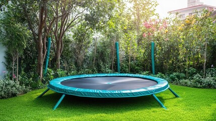 Backyard trampoline next to garden beds and natural landscaping