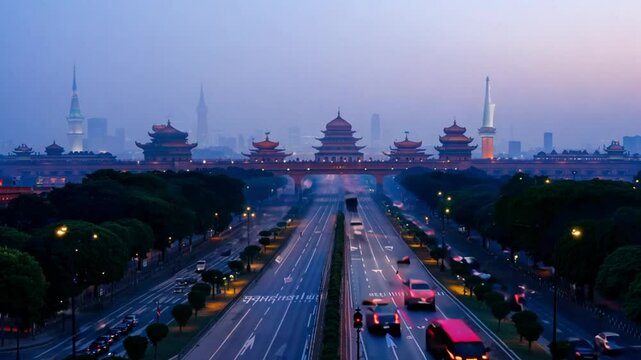 The urban infrastructure meets cultural heritage creating striking contrast between contemporary transportation and ancient architectural landmarks.
