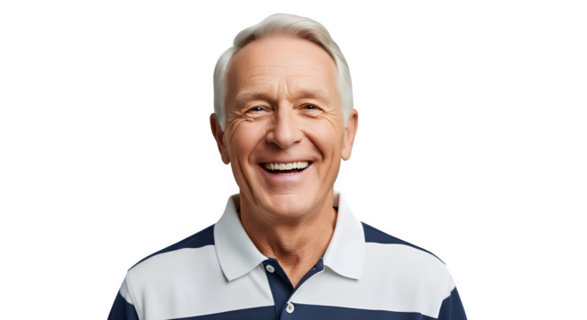 Portrait of a Smiling Senior Man - Happy Elderly Gentleman in a Striped Polo Shirt, Isolated on Transparent Background PNG