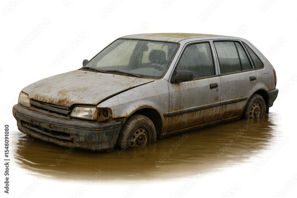 Poster abandoned rusty car submerged in mud with transparent background
