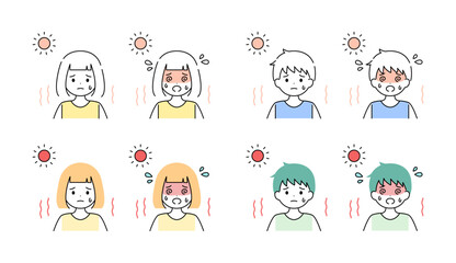 熱中症 男の子 女の子 男児 女児 夏 イラスト素材セット ベクター