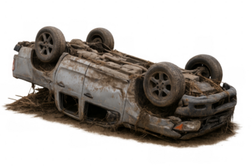 Wrecked pickup truck lying upside down after natural disaster with transparent background