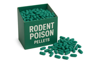 Green rodent poison pellets spilling from box on transparent background